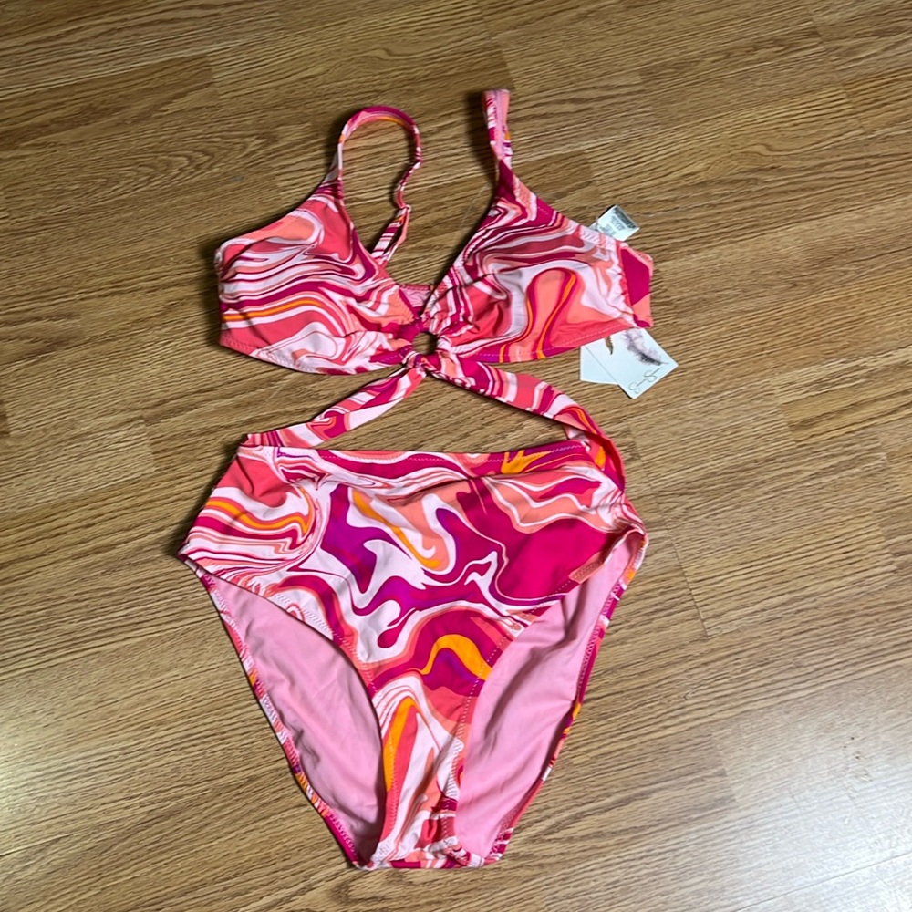 Jessica Simpson Women's Good Vibrations O-Ring One-Piece Swimsuit Pink med A508 - Picture 2 of 4
